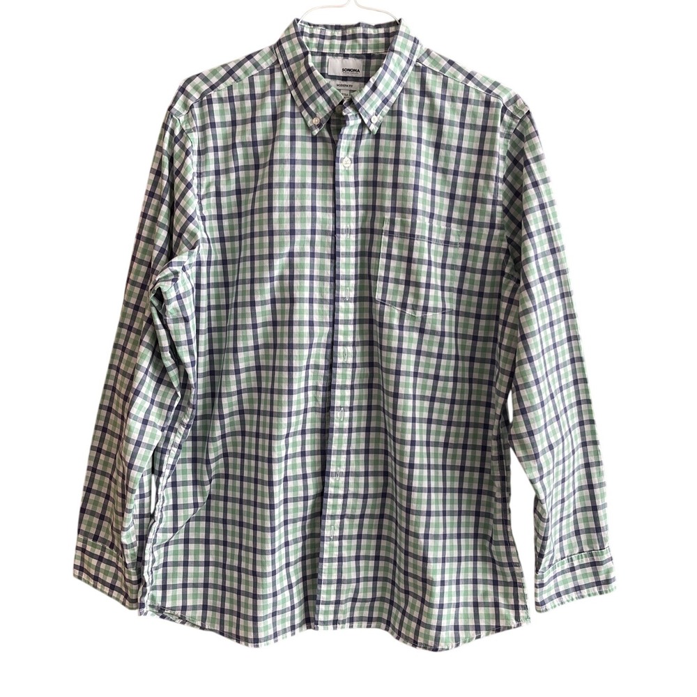 Men's Sonoma‎ XL Modern Fit button long sleeve green blue white plaid w/pocket